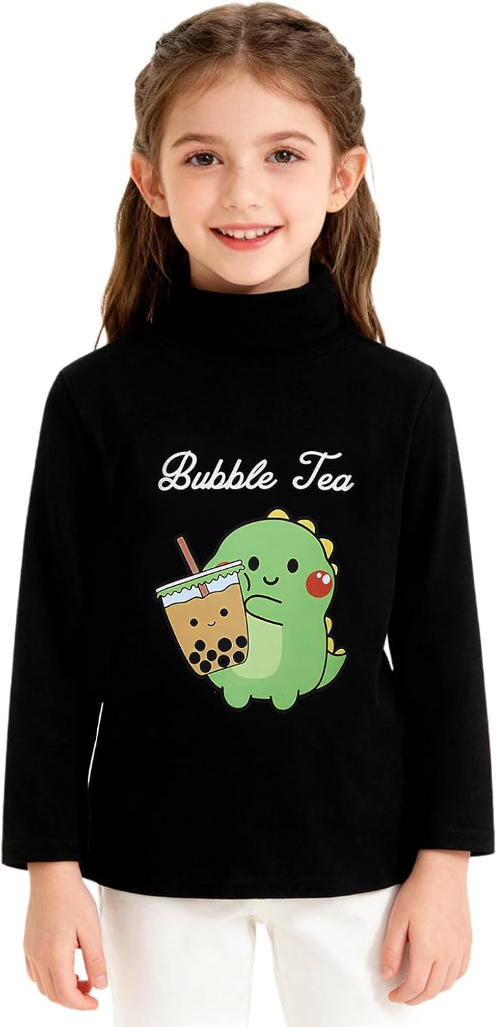 Hansber Kids Girls Base Layer Thermal Shirts Cute Dinosaur or Cactus Print Half Turtleneck Fleece Pullover Top
