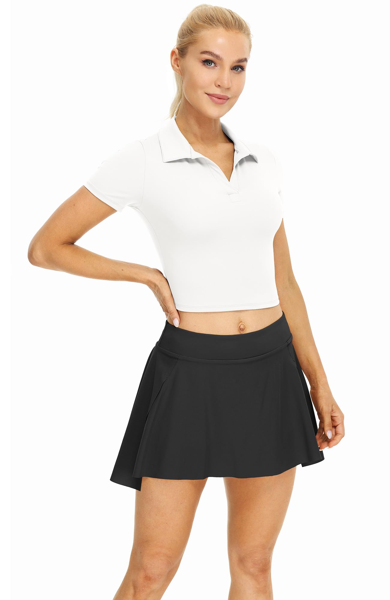 icyzone Damen Cropped Poloshirt Kurzarm Golf Tennis Shirt Fitness Crop Top Sport T-Shirts
