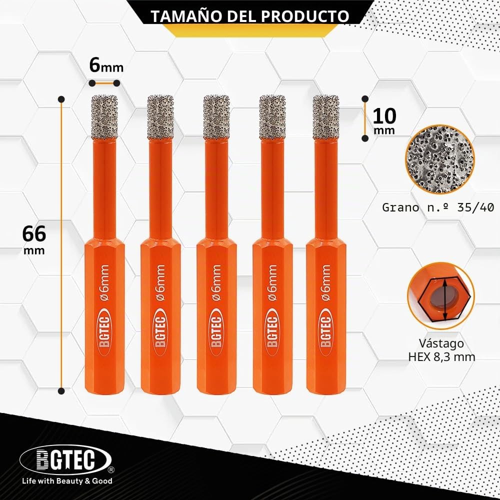 BGTEC Brocas de Diamante en Seco con Vástago Hexagonal para Baldosas de Porcelana, Cerámica, Mármol, Ladrillo, 5 piezas de Diámetro 6 mm