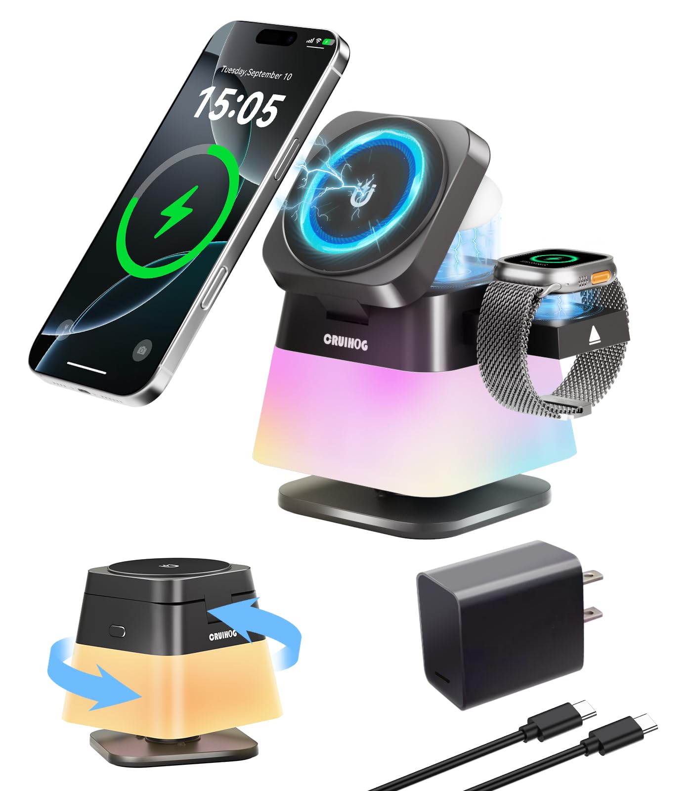 CRUIHOG 4 in 1 Wireless Charging Station,Charger Stand with Night Light for iPhone17/16/15/14/13/12,Airpods,Watch(20W Adapter),Magnetic Charging