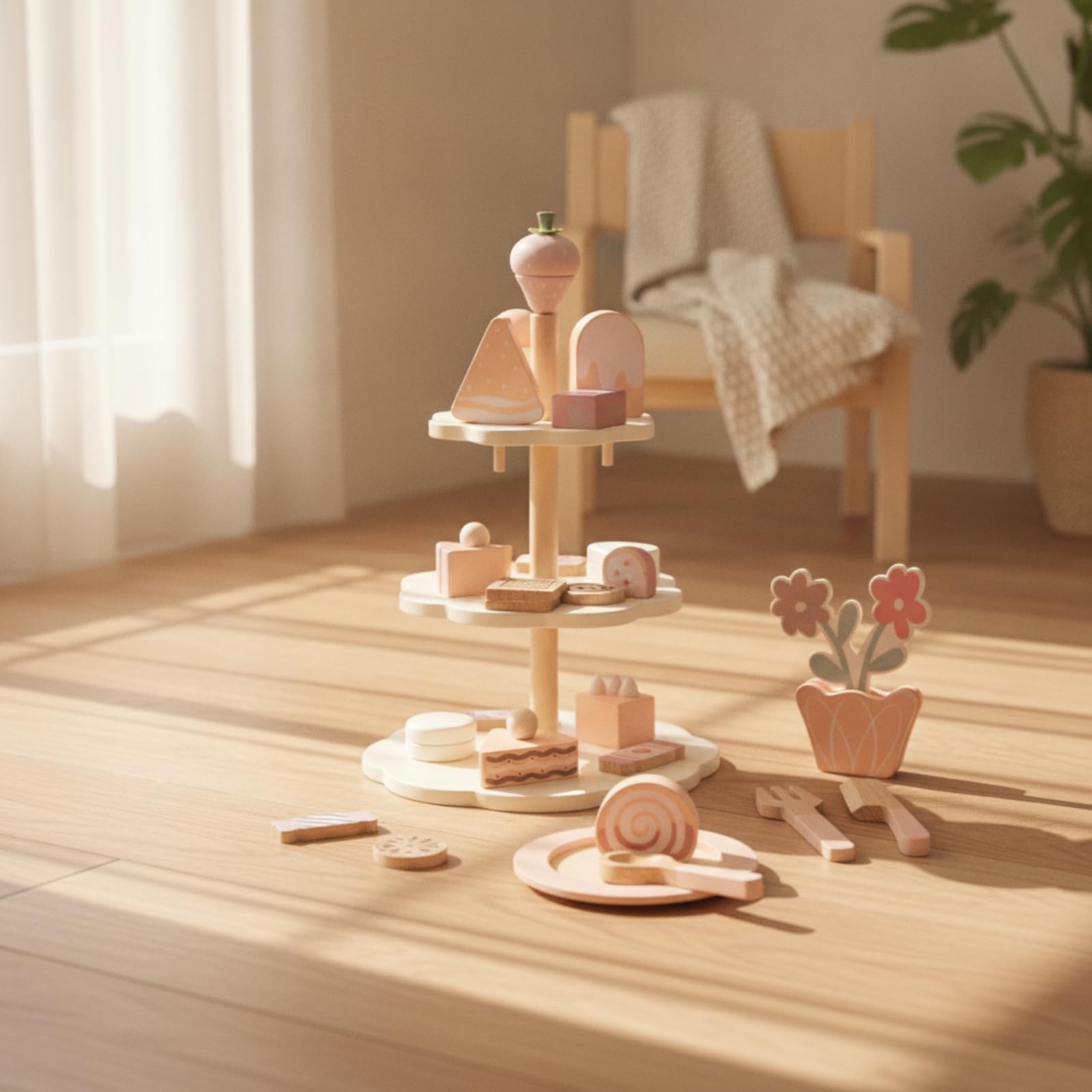 Perfeclan Children Play Kitchen Juego de Té Infantil Juguete de Madera Set de Dulces Soporte de Pasteles Helados Lollipops con Madera Lisa Adecuado para de Té Juego Simbólico Cocinas de Juego