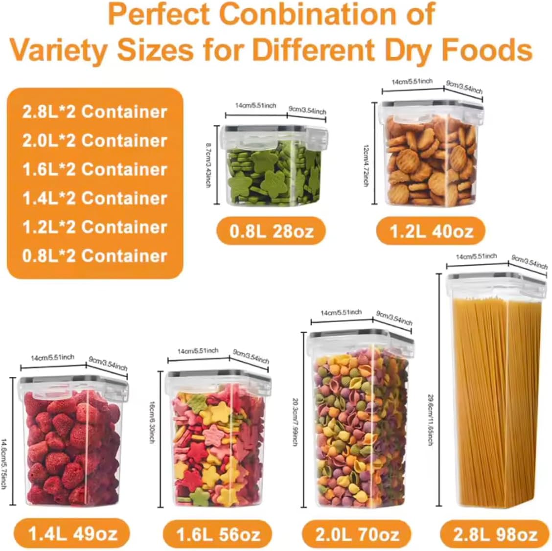 Airtight Food Storage Containers with Lids, 24-Piece Set, Clear, for Cereal, Pasta, Rice, Nuts, Grains, Multiple Sizes