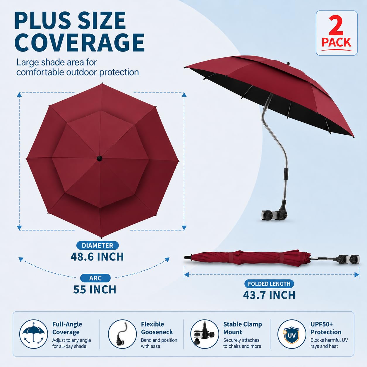Parasol Double de 123,4 cm avec Pince, Protection UPF50+, Parasol de Plage avec Clip, réglable à 360° pour Fauteuil Roulant, terrasse, Camping,Rouge,1 Pack