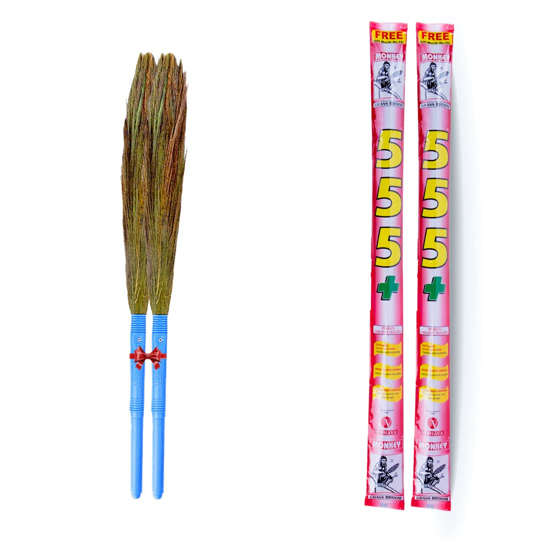 Monkey 555 Plus Natural Grass Broom-Pack of 2|Garo Hill Grass|Flexible & Durable | Unique H&le & Locking System | Reaches Nooks & Corners | Lightweight, Comfortable Sweeping Broomstick, hard_floor
