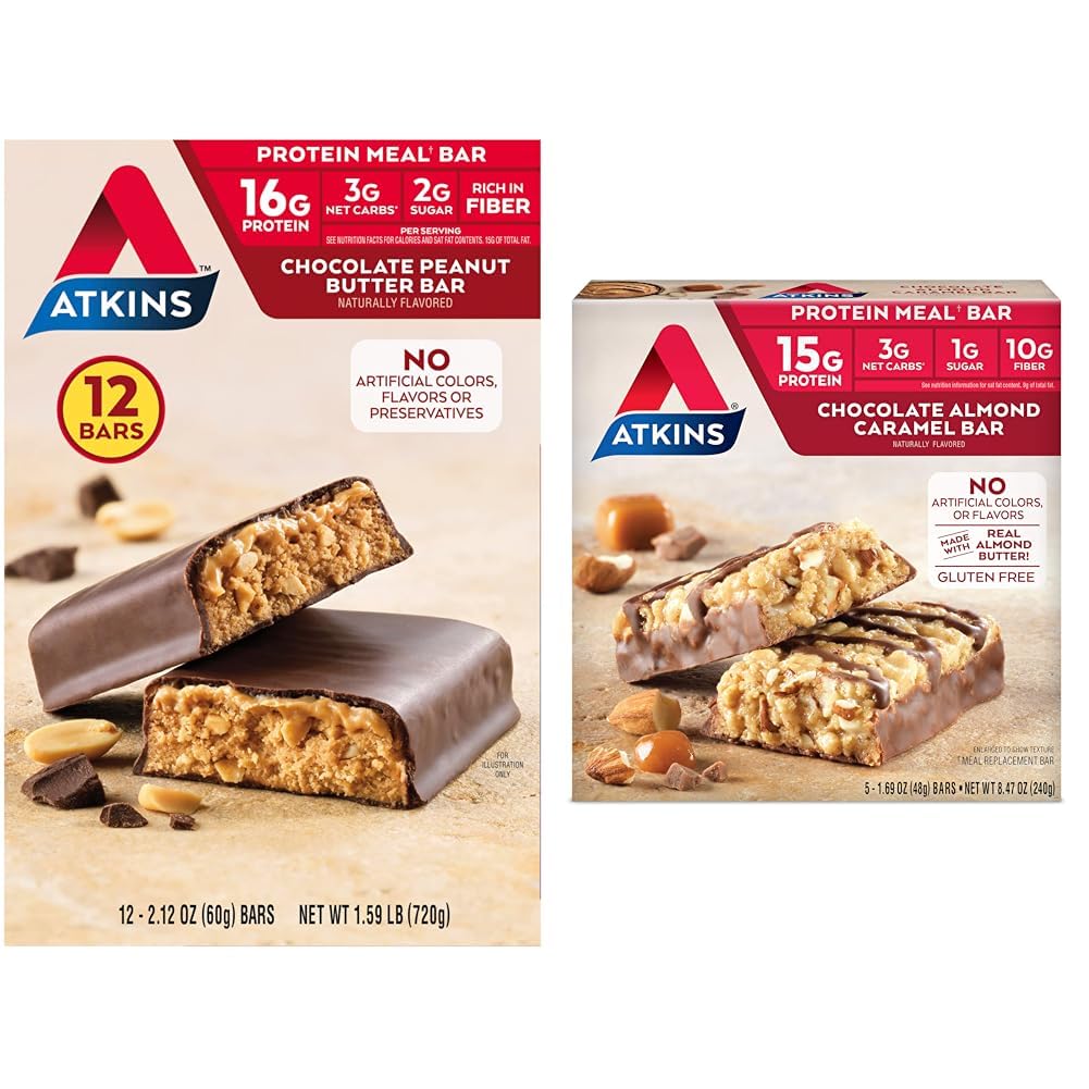 AtkinsChocolate Peanut Butter Protein Meal Bar with Almond Caramel Bar, High Fiber, Gluten Free, Keto-Friendly, Low Carb, 12 Count and 5 Count