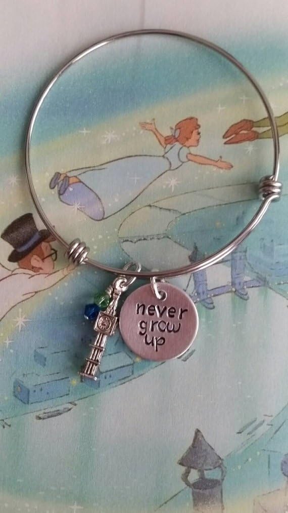Peter Pan Inspired"Never grow up" Handstamped Stainless Steel Expandable Bangle