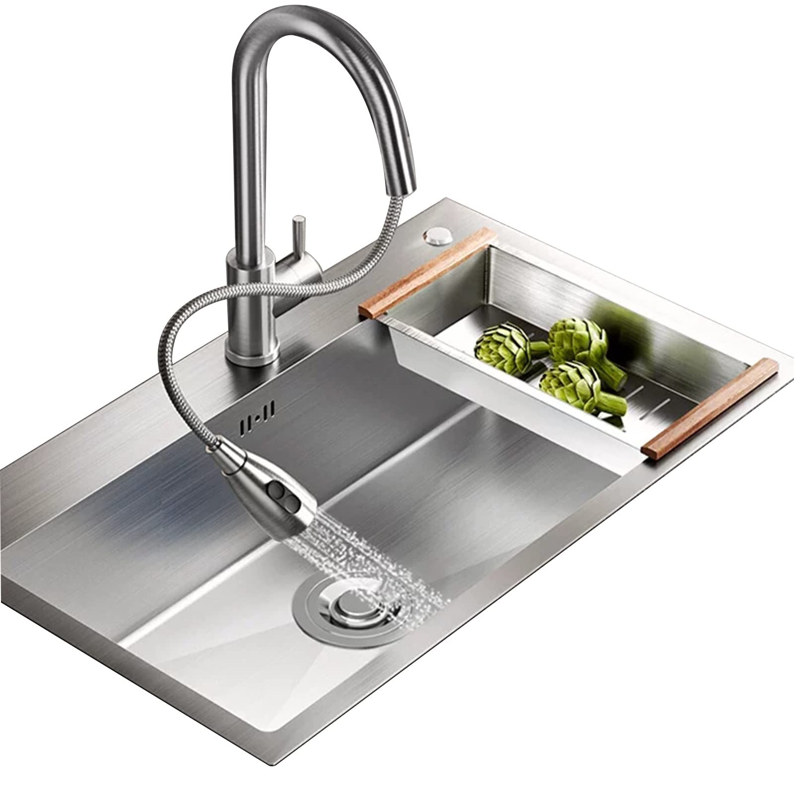 Robinet de cuisine avec tirette ergonomique et jet orientable pour grand évier