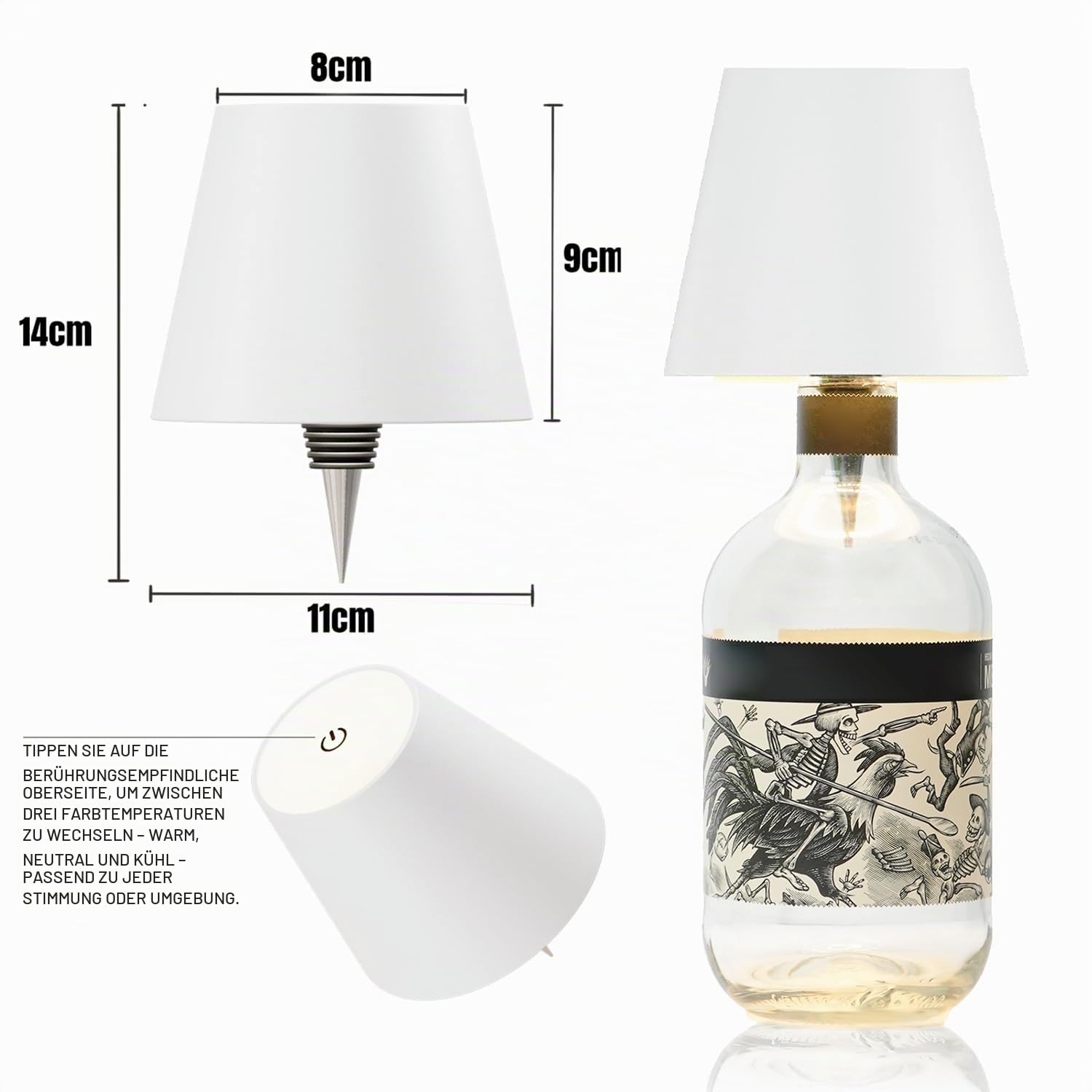 MU LIN Wiederaufladbare Flaschenlampe, kabellose Tischlampe, Touch-Steuerung, 3 Farbtemperaturmodi, dimmbar, für Wohnzimmer, Restaurant