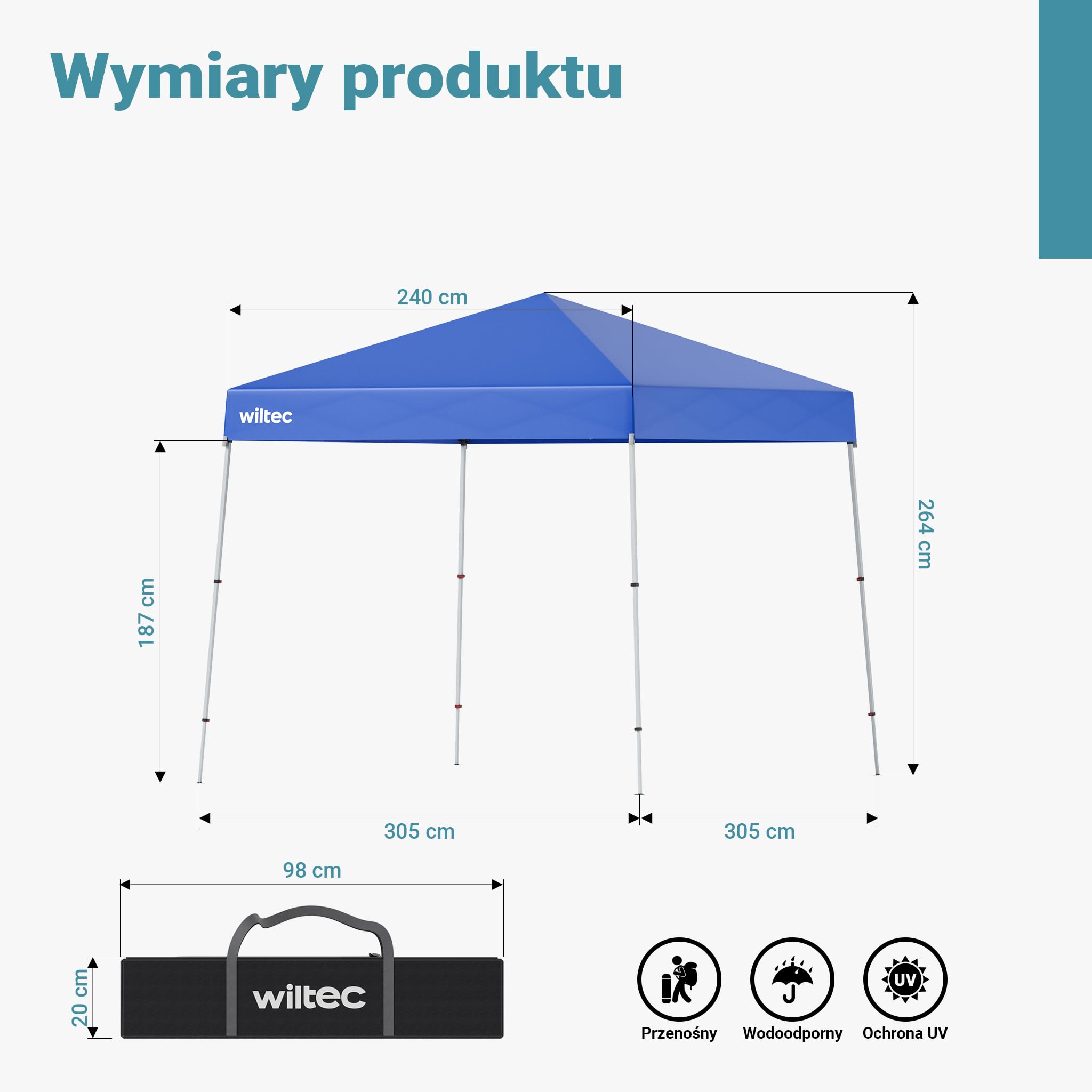 Wiltec Pawilon namiot imprezowy z zamknięciem centralnym do ogrodu wodoodporny niebieski 2,5 x 2,5 x 2,7 m