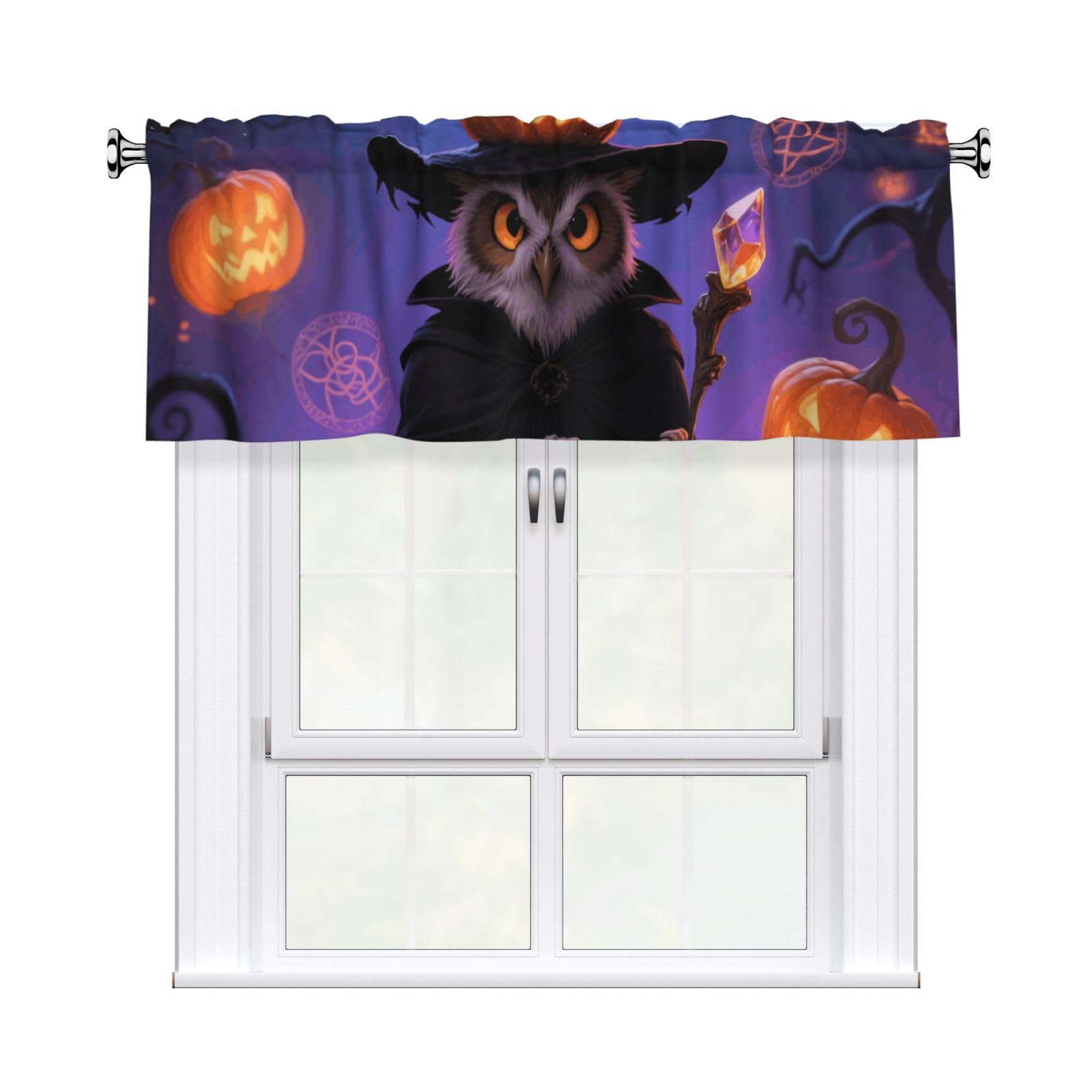 FekiLoot Halloween Owl Pumpkin Curtain Valance for Windows, Kitchen Window Valances Rod Pocket Window Treatments Short Curtains Drapes for Bathroom Bedroom Cafe Decor 54x18inch 1 Panel