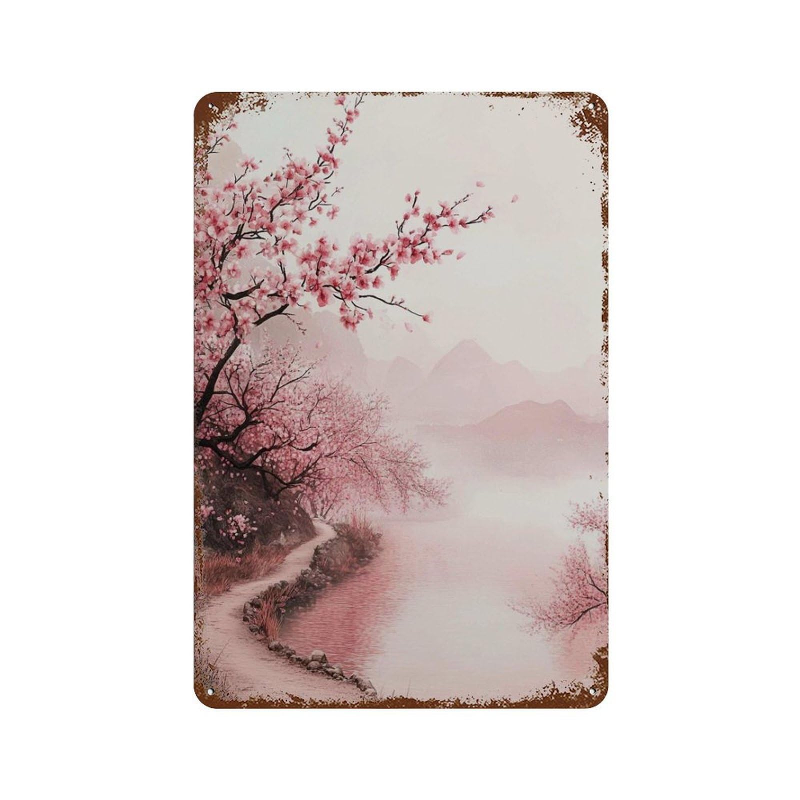 xiaoxiaoshen Cherry Blossom Riverside Japanese Sakura Landscape Tranquil Pink Nature Modern Wall Decor Art Metal Tin Poster Modern Home Decor Art Home Bar Shop Decorations Vintage Sign 30x20cm
