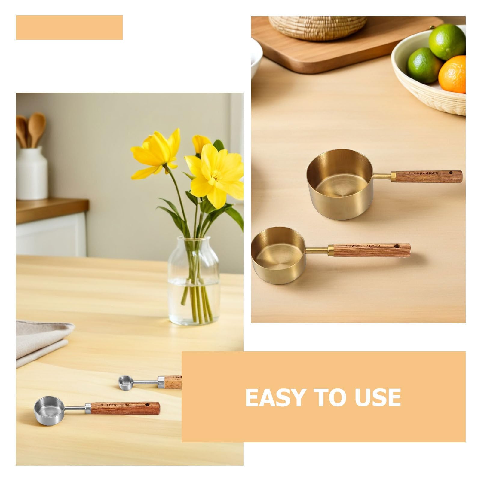INOOMP Juego de 8 Tazas y Cucharas Medidoras de Acero Inoxidable con Mangos de Madera para Cocinar y Hornear con Medición Precisa y Durabilidad Excepcional