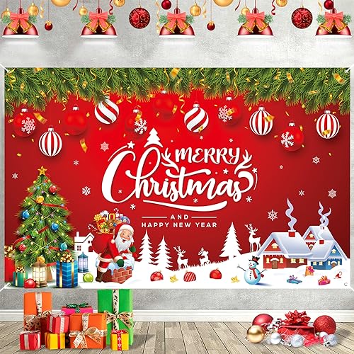 Christmas Banner Decorations Red Merry Christmas and Happy New Year Backdrop Banner Santa Claus Snowman Elk Extra Large Xmas Sign Garage Wall Hanging Poster Photo Background Party Decor