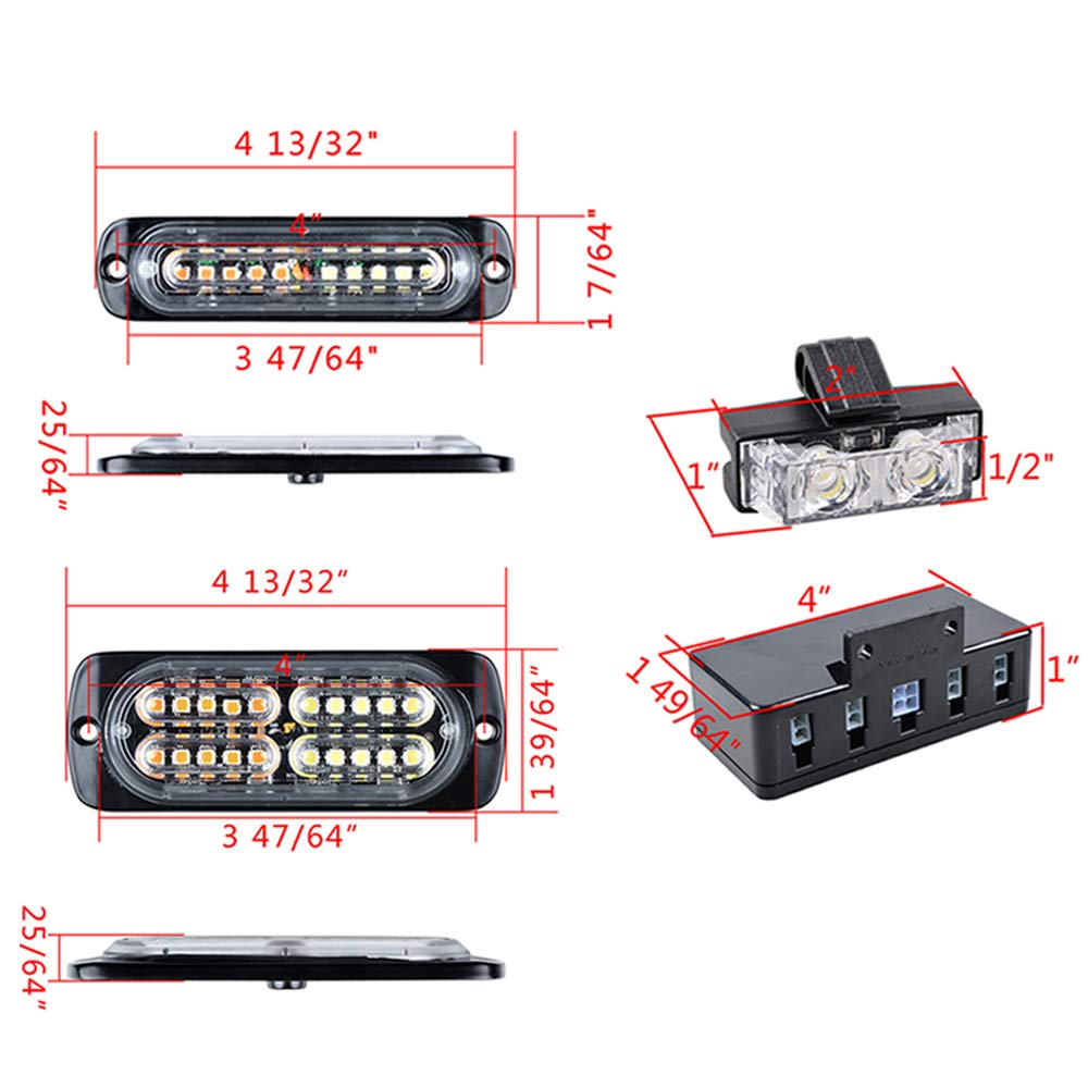 Astra Depot Set Amber White (8X 10-LED and 4X 20-LED) with Combo 4pcs White 4pcs Amber 2-LED Flashing Strobe Lights Bar Emergency Warning Caution Hazard