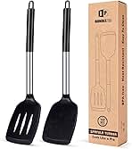 Pack of 2 Silicone Solid Turner, Non Stick Slotted Kitchen Spatulas, High Heat Resistant BPA Free Cooking Utensils, Ideal Cookware for Fish, Eggs, Pancakes(Black)