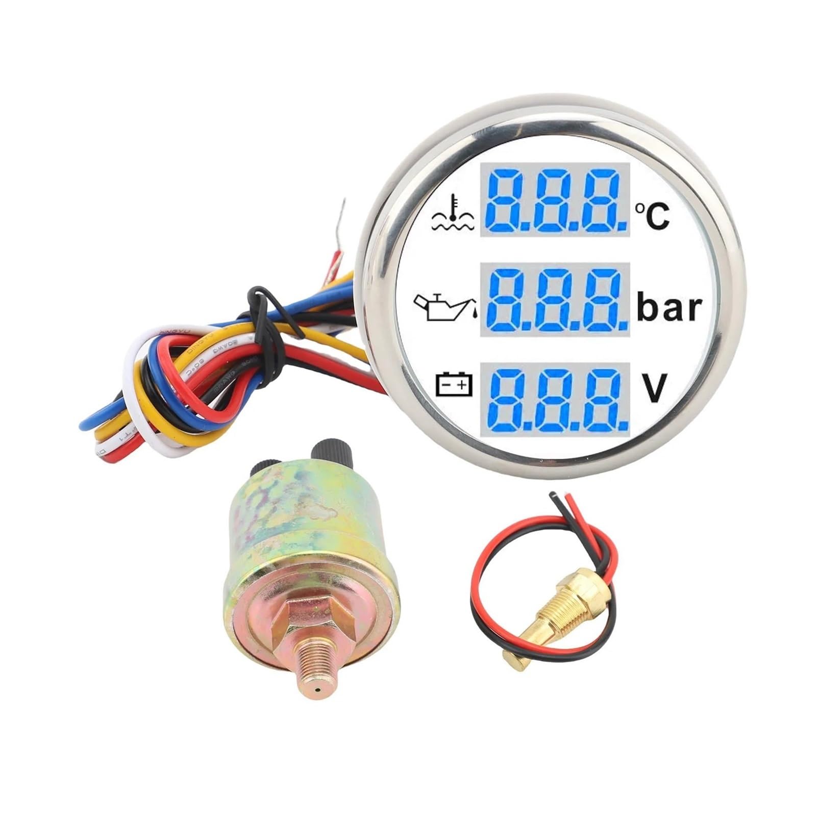 1Pc Misuratore di pressione 'olio temperatura 'acqua barche Voltmetro Display digitale da 52 mm Set triplo calibro a prova di acqua multifunzionale(White Silver)