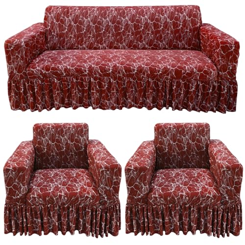 Image of Gifts Island Sofa Cover Set Marble Design 5 Seater Fully Covered Universal Polycotton Spandex with 360 Frill Non-Slip Sticky Elastic Stretchable Sofa Slipcover for Livingroom (Maroon Marble)