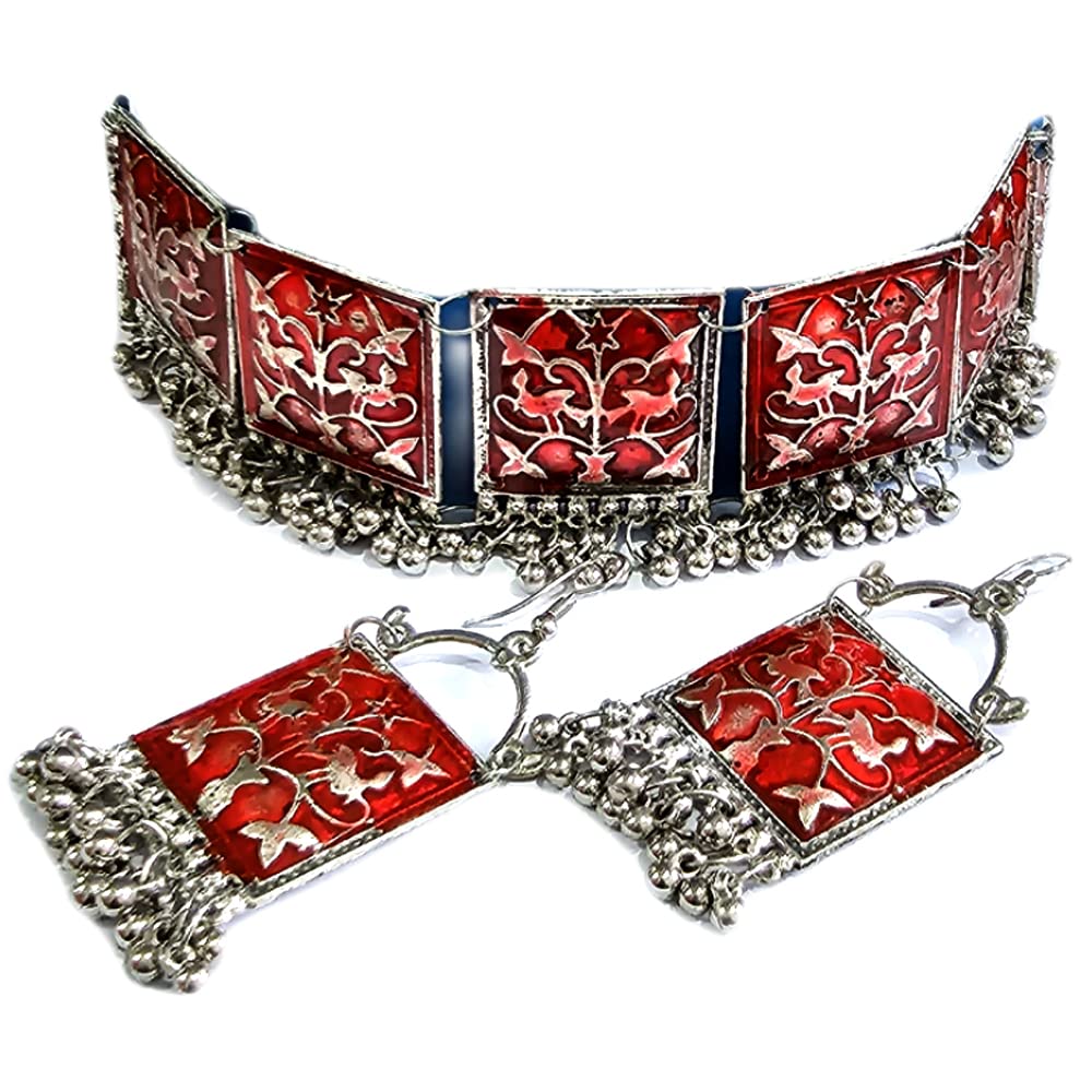 LACUM Faishon Jewellery Oxidised German Silver Traditional Chocker Necklace Set for Women & Girls Silver (ChokerRed) (B0837TJS42) Amazon Price History, Amazon Price Tracker