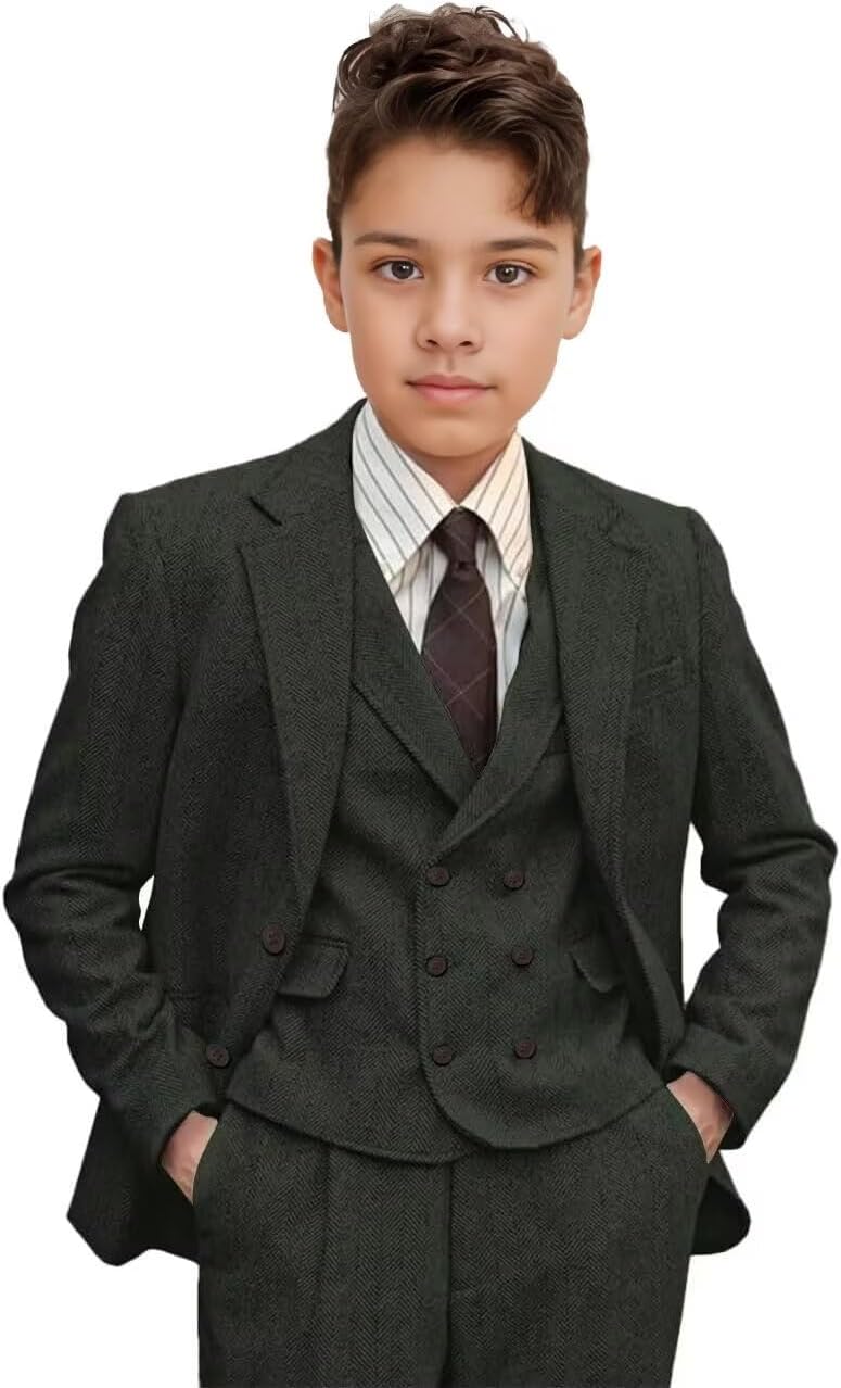 Boys Tweed Herringbone 3 Piece Suit Slim Fit Formal Tuxedo for Kids Prom Dance Suit Jacket Vest Pants Sets