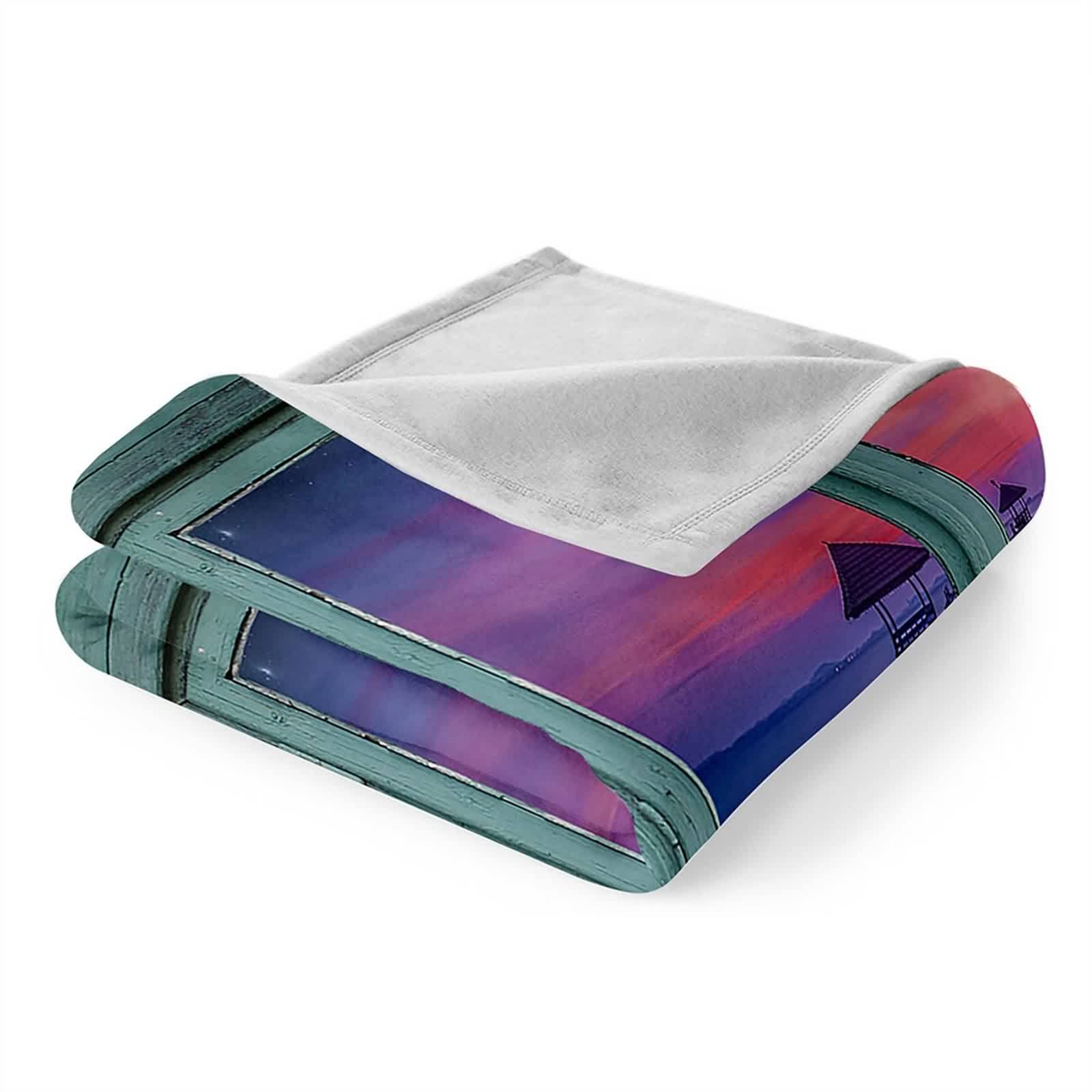 Coperta estetica, soffice coperta in flanella gialla viola tramonto lungomare 180 x 220 cm, per divano letto, ufficio, auto, morbida e calda