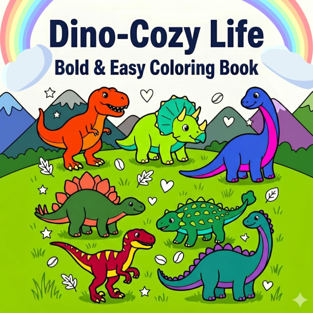 Dino-Cozy Life Coloring Book: Bold and Easy Coloring Book for Adults, Simple and Cute Coloring Book for Relaxation
