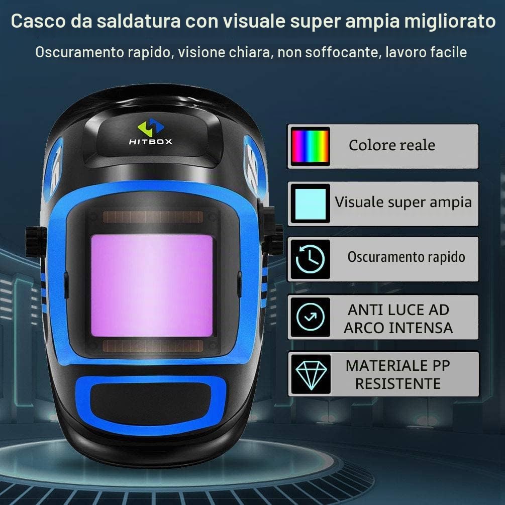 HITBOX Maschera da Saldatore Automatica – Grande Schermo 3,94" x 3,66" con Oscuramento Automatico True Color, Casco da Saldatura Solare con 4 Sensori ad Arco DIN 5/9