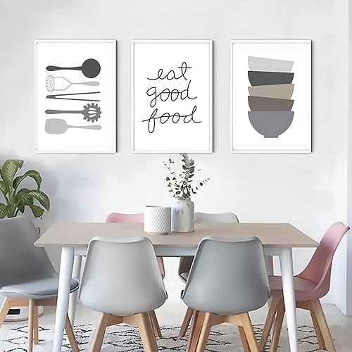 Arte de pared de cocina nórdico come buena comida, arte de pared, utensilios de cocina, pósteres de cuchara, pala, cuenco moderno, minimalista,