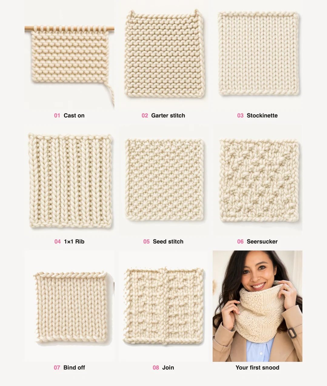 We Are Knitters Stichproben-Strickset, Anfängerfreundliches Strick-Starter-Set mit Baumwollgarn, lernen Sie wichtige Stiche und machen Sie Ihren ersten Schlauchschal