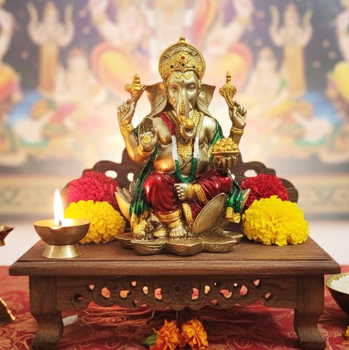 Image of YASHONIDHI Lord Ganesha Idol, 7 Inches, Gold and Maroon, Ganapati Murti, for Pooja Room, for Home Decor, Office Decoration, for Good Luck and Wealth, Gift for All Occasions