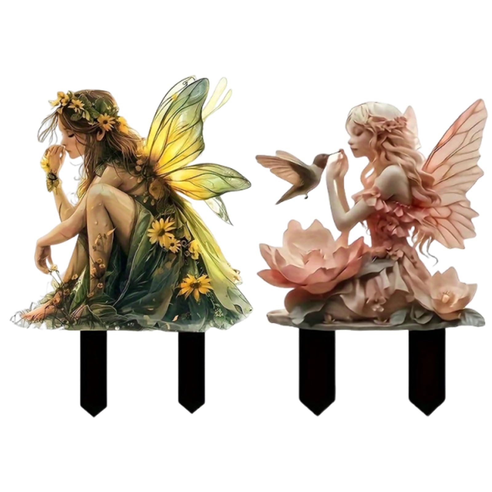 Fairy Garden Ornaments Outdoor, Fairies for Fairy Gardens, Fairy Houses for The Garden, Set of Two Magical Fairy Figures with Green and Pink Design, Ideal for Outdoor Garden Decor, Dimensions 20 by 14