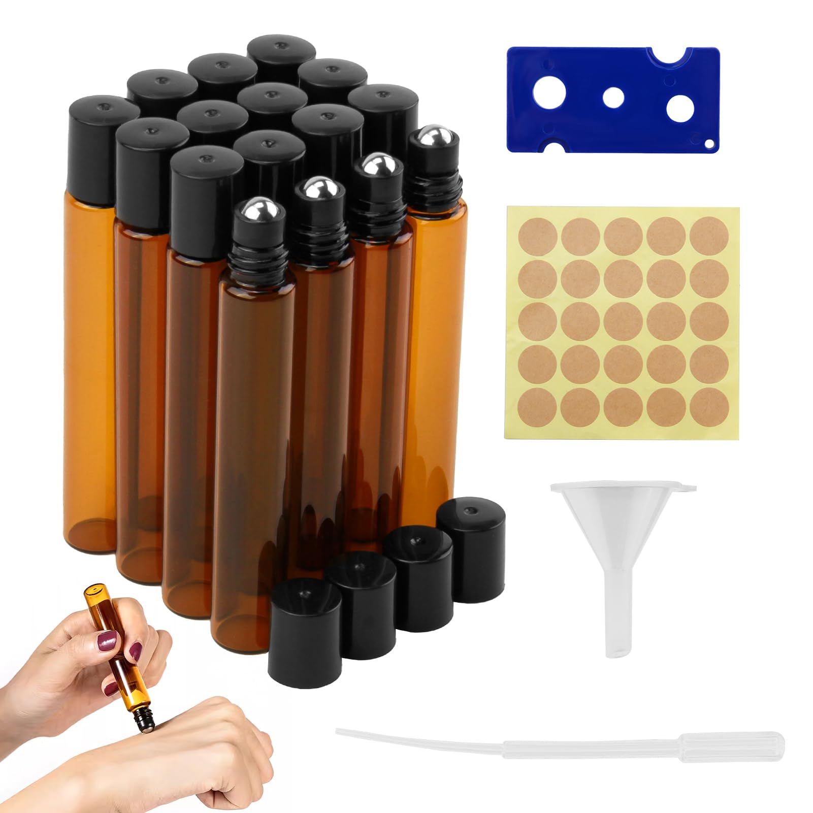16 Pezzi Roll-On in Vetro Marrone da 10ml per Oli Essenziali, Marrone Roll On Bottiglia Boccette Vuote Contenitore Flaconcini Vuoti con Sfera in Acciaio Inossidabile, per Aromaterapia, Profumi