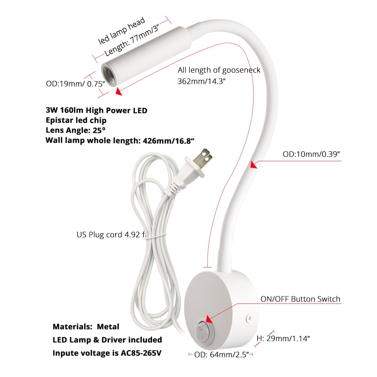 2 Pack Wandlampe Leselicht Stecker Kabel Einfache Installation für Bett AC85-265V Verfügbar (Weiß, 2pcs Warmweiß 3000K)