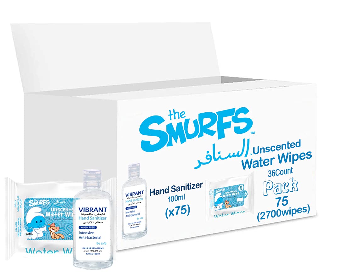 Smurfs Water Wipes 36 pack of 75 (2700Wipes) + Vibrant Sanitizers 100 ML x75