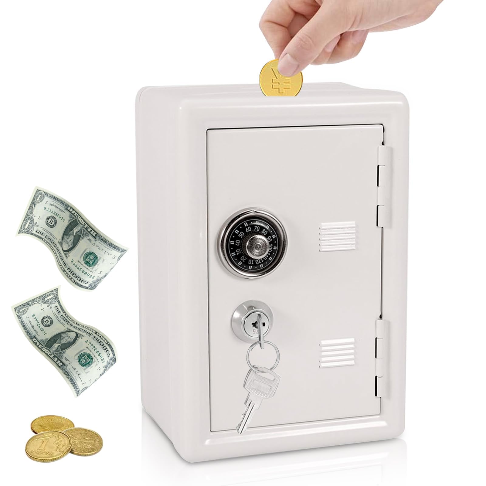 Cassaforte per risparmi, Salvadanaio in metallo a forma di cassaforte con 2 chiave, gettoniera mini banca sicura contenitore per barattolo, Salvadanaio Password con fessura per monete per bambini