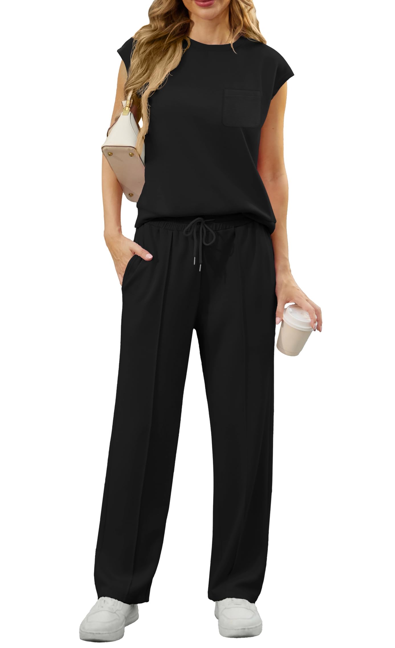 GRECERELLE Conjunto de dos piezas para mujer, conjunto completo de chándal de verano de manga corta para mujer, conjunto completo de ropa de descanso para mujer, cuello redondo, manga casquillo y