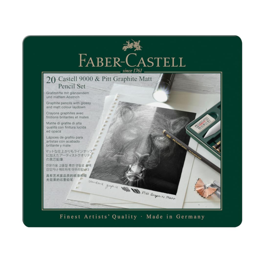 Faber-Castell 115224 - Bleistifte Set Pitt Graphite Matt & Castell 9000, 20-teilig, inkl. Papierwischer, Radierer, Knetradierer und Spitzer