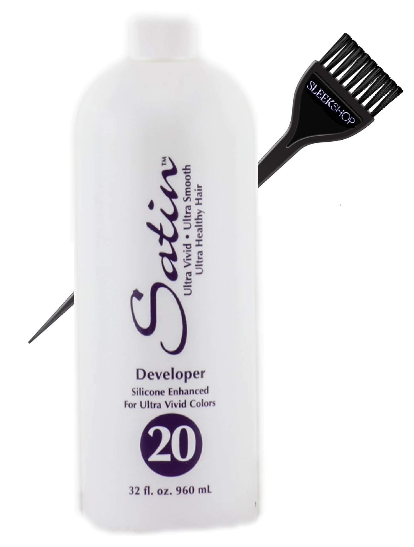 Satin Hair Developer, Silicone Enhancing for Ultra Rich Vivid Colors (w/Sleek Brush) Haircolor Dye Activator, Hydrogen Peroxide (20 Volume / 6% - 32 oz LARGE size)