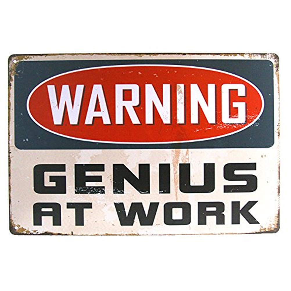 Genius at Work Funny Metal Wall Art for Office Workshop Man Cave Decor Humorous Tin Sign for Proud Nerds Thinkers 8x12 Inch
