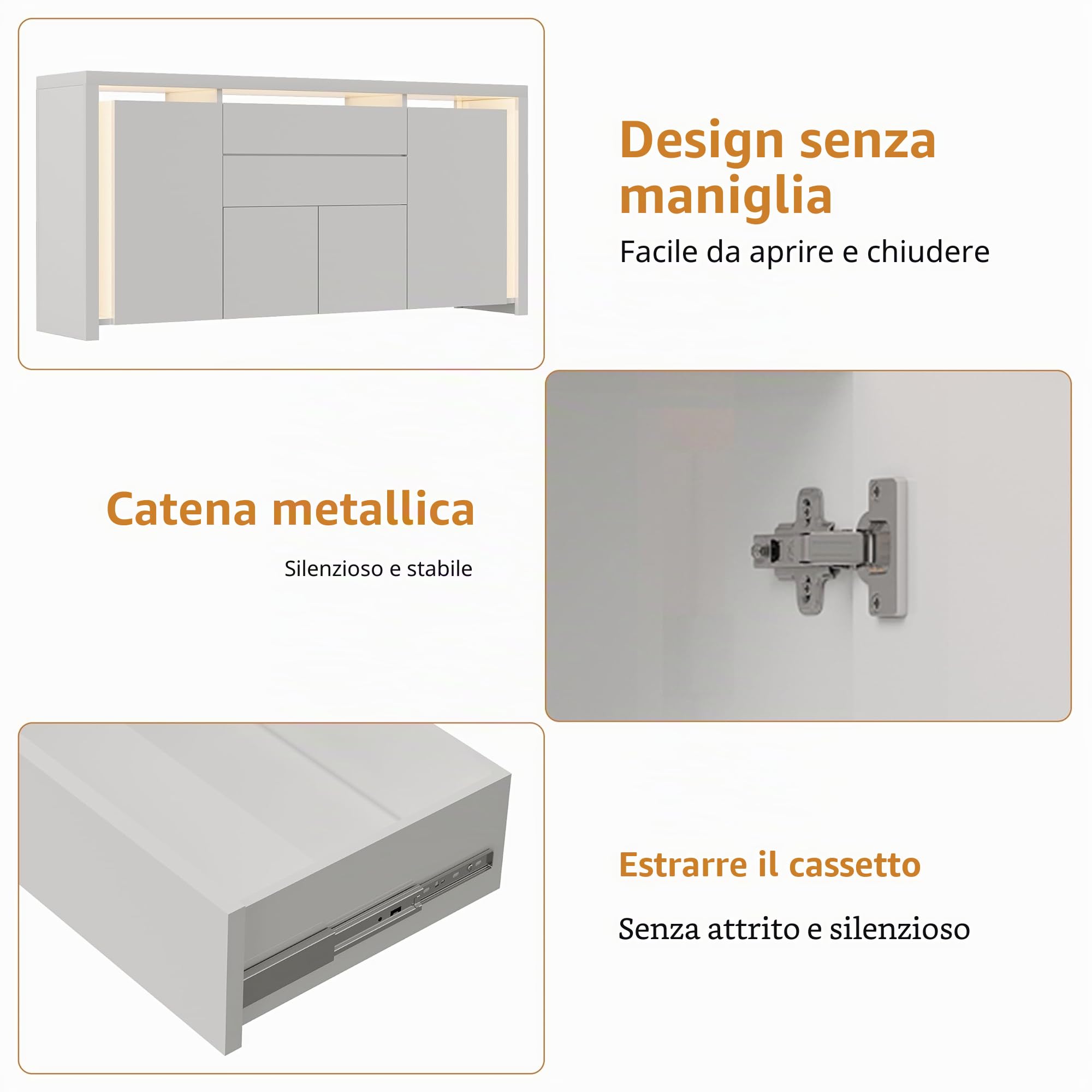 Comò bianco lucido con illuminazione a LED, credenza moderna con 2 cassetti e 4 armadi, armadietto per corridoio, buffet, TV, soggiorno, camera da letto, ufficio, corridoio