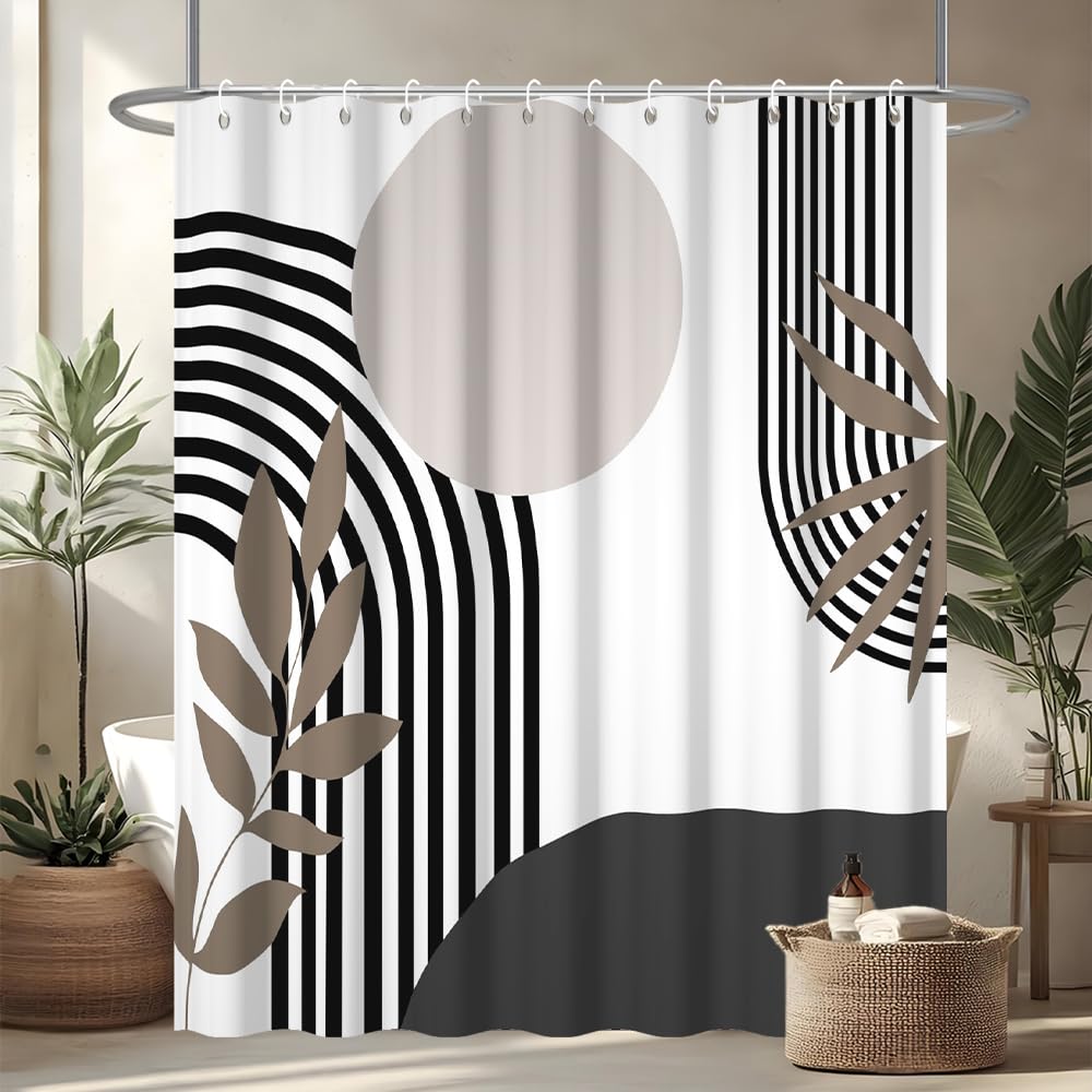 Rideau de douche anti moisissure et imperméable en tissu lavable gris noir blanc feuilles marron