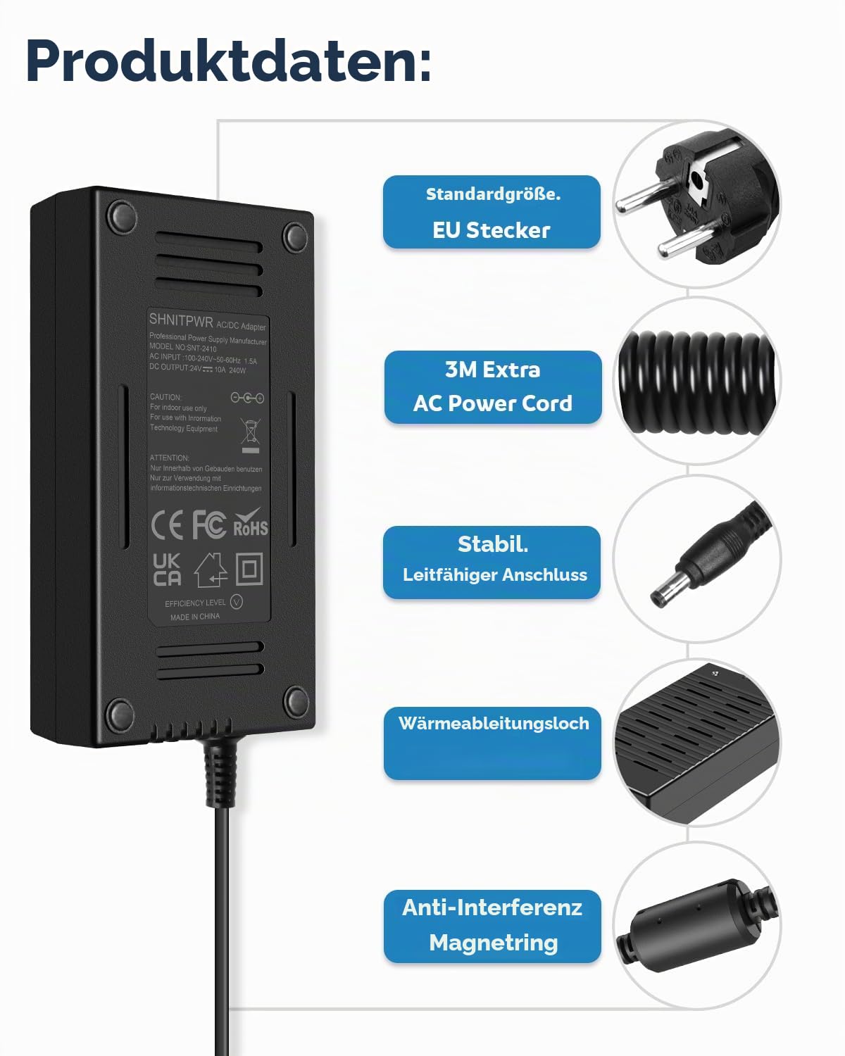 SHNITPWR 24V 10A 240W Netzteil AC zu DC 24 Volt Konverter Transformator AC DC Adapter mit 5,5 x 2,5 mm Spitze 13,5 Fuß Super lang für LED-Treiber CCTV-Kamera LED-Streifenlicht