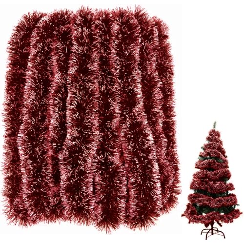 10M Christmas Tinsel Red,Snow White Dark Red Tinsel Garland Christmas Tree Decorations Xmas Thick Fluffy Strands Hangin Extra Long Garlands Decoration,for Chrismas Party Indoor Outside Door Stairs