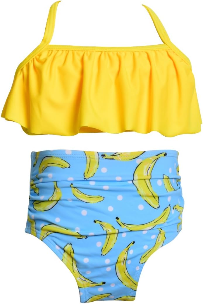 Naivete Girls Two Piece Ruffle Bikini Set, Banana Print, Matching Family Swimwear, Size S Beige