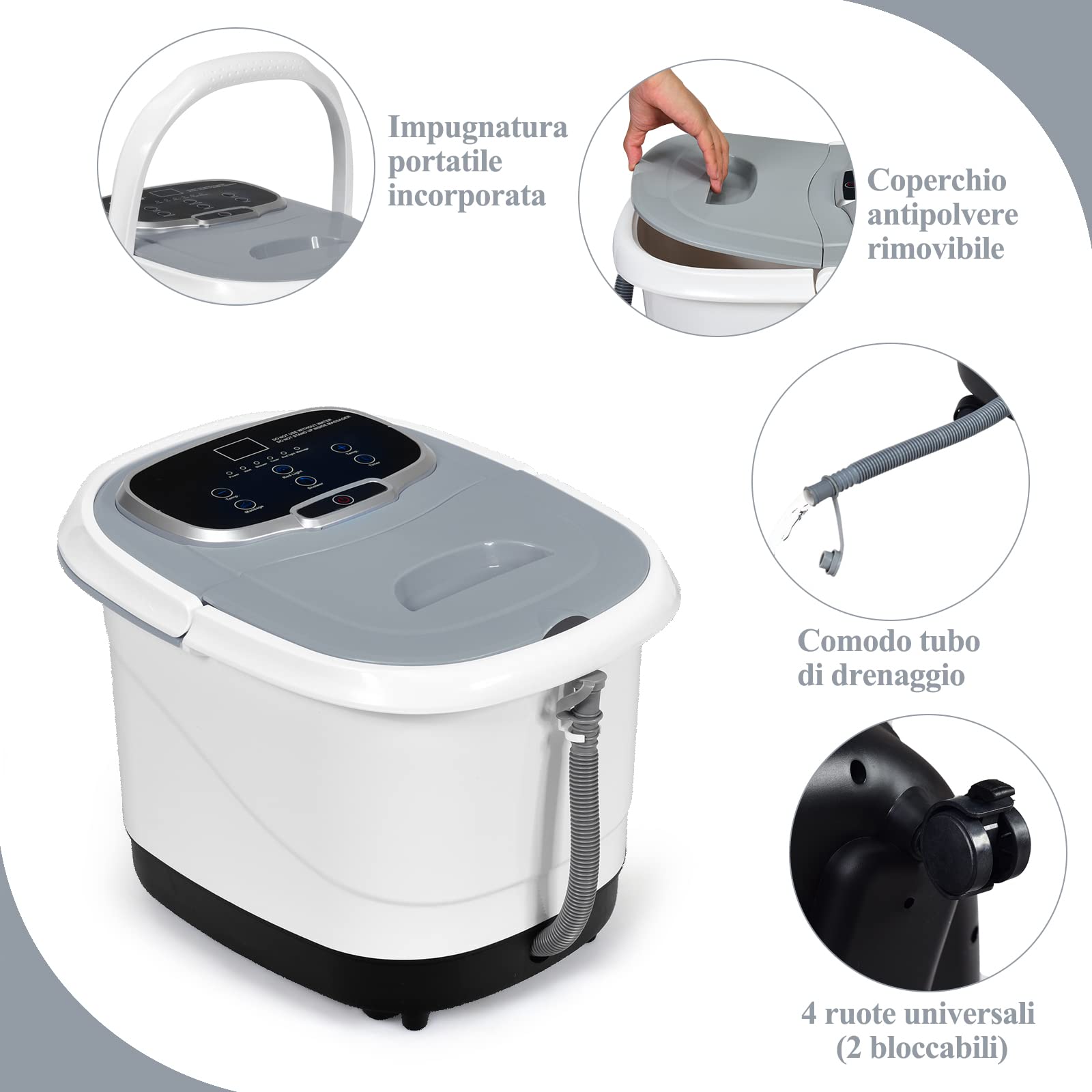 RELAX4LIFE Pediluvio Idromassaggio Elettrico 3 in 1 con Doccia, Riscaldamento Rapido e Mantenimento Temperatura, Sterilizzazione a Infrarossi e Timer 60min, Copertura con Rotelle(Grigio)