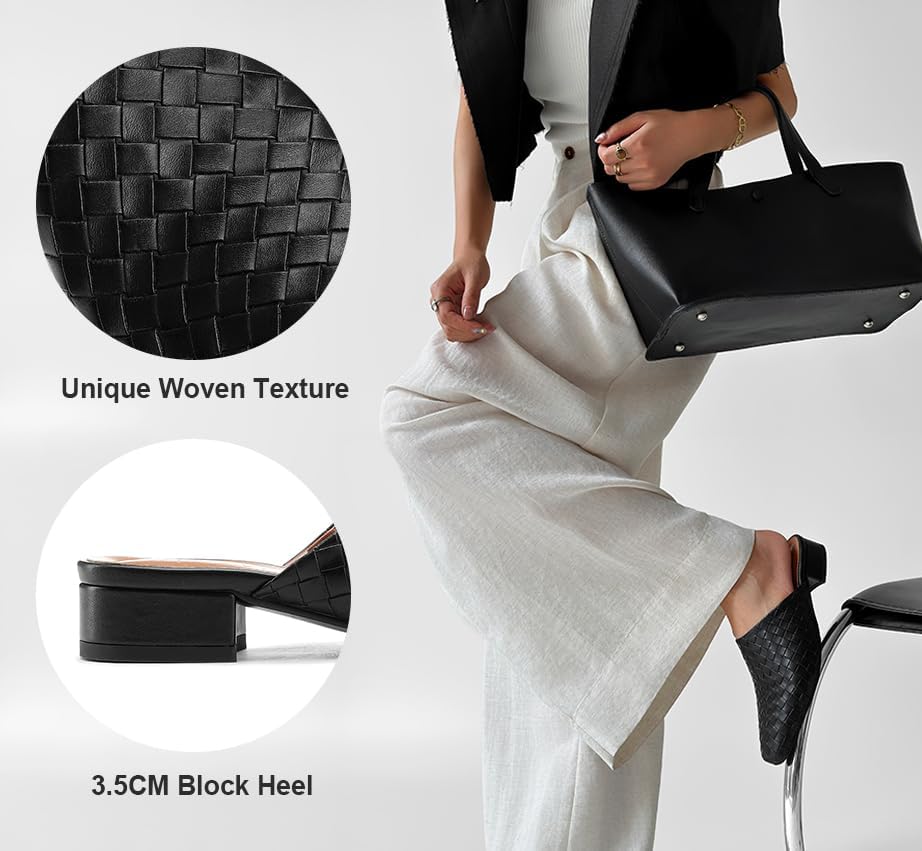 Women's Woven Mules Ladies Trendy Low Heel Slip-On Shoes Comfortable Summer Casual Slides for Women - Image 2