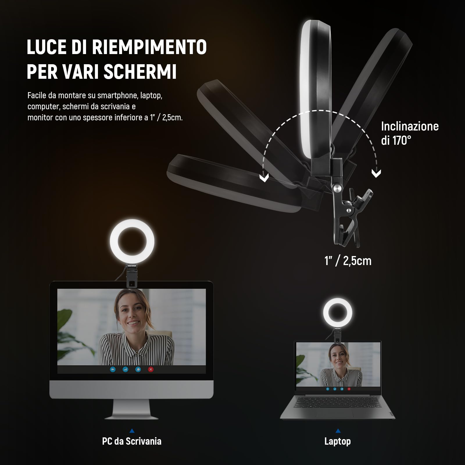 NEEWER BASICS 5" Ring Light con Mini Treppiede per Videoconferenza da Scrivania, Kit Streaming con Clip per Monitor Webcam Computer Laptop Trucco Selfie Registrazione Video, Panno da Pulizia, BR60