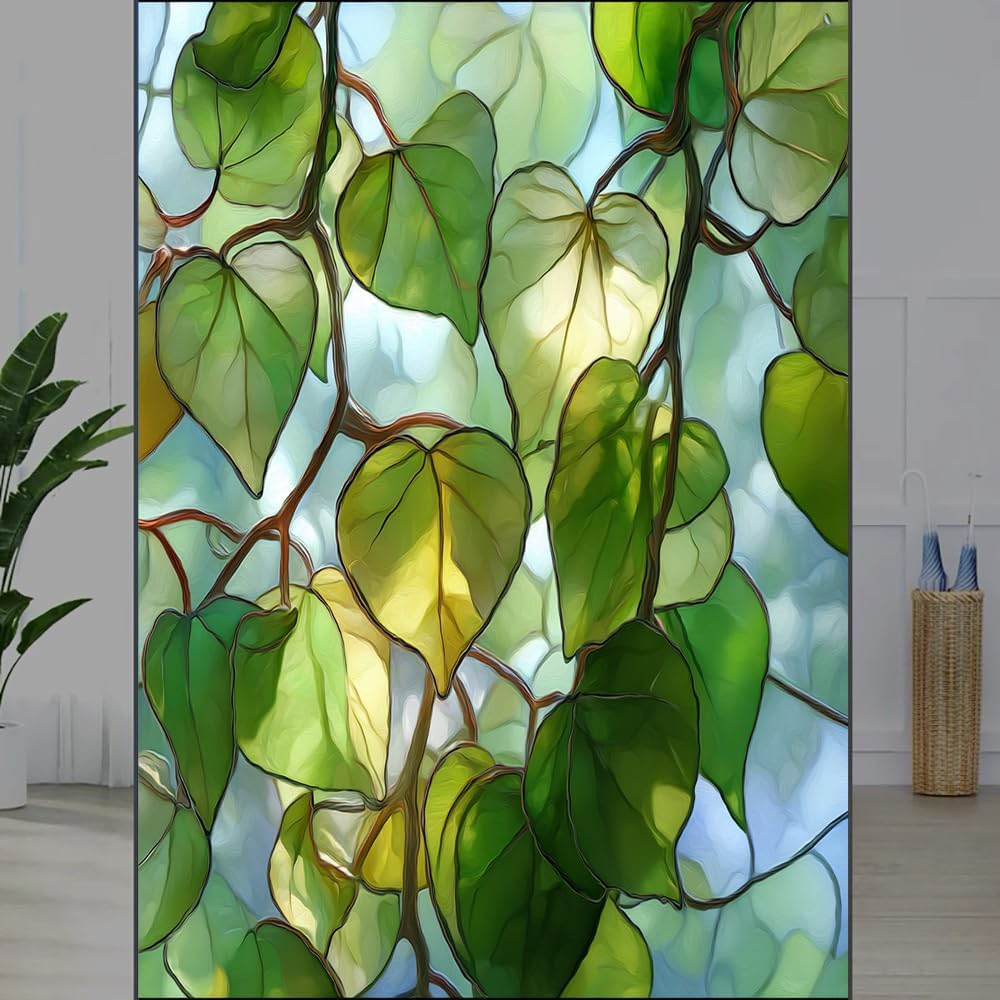 Modern Leaves Stained Glass Window Film, Rustic Heart Plants Peel and Stick Privacy Film, Frosted Adhesive Vinyl Decorative for Bathroom Windows Glass Doors, 21.6Wx31.5L inch