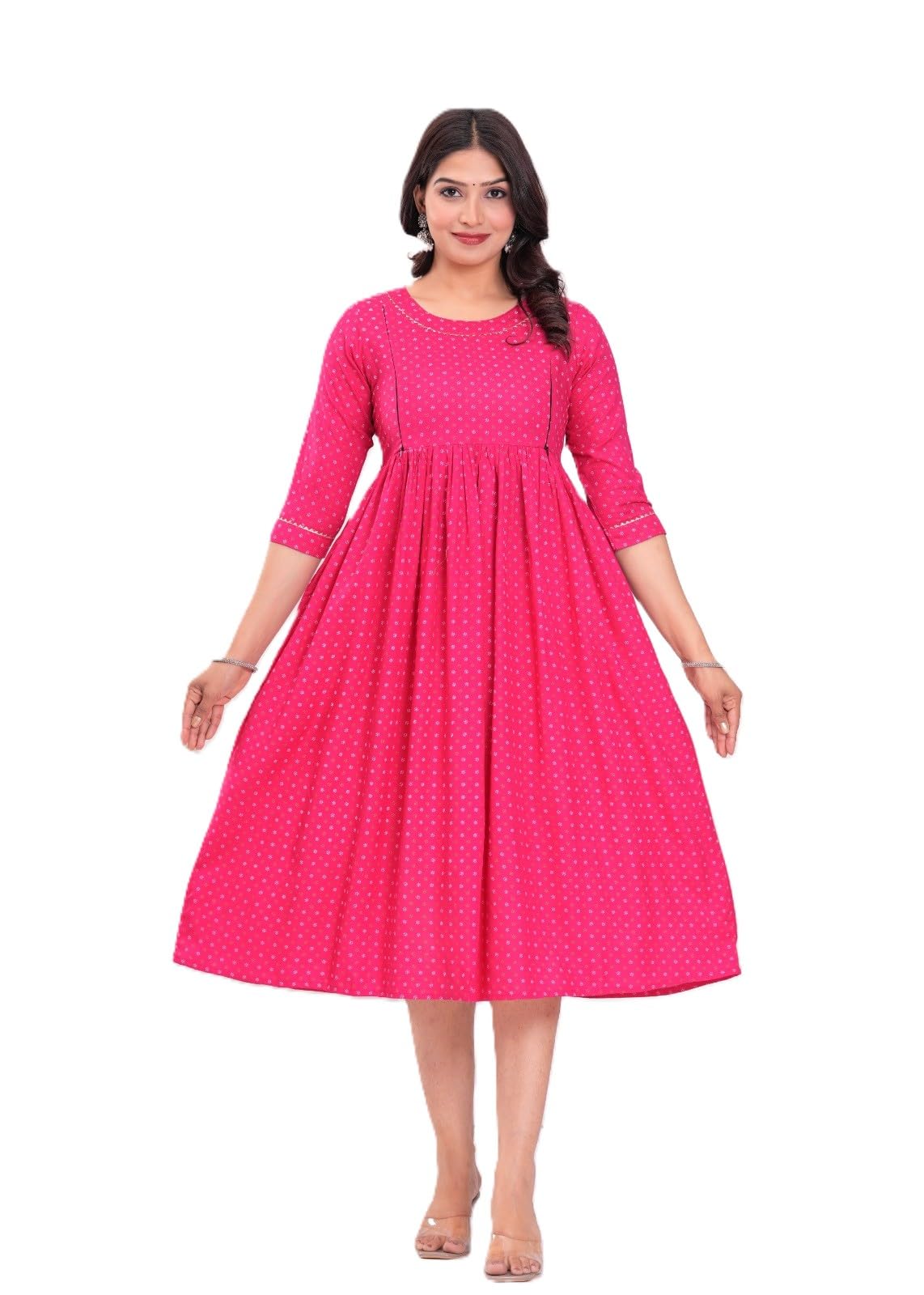 Women's Printed Anarkali Maternity Kurta Dress, Teal Floral, 3/4 Sleeves, Side Zipper, Casual Wear-image-40