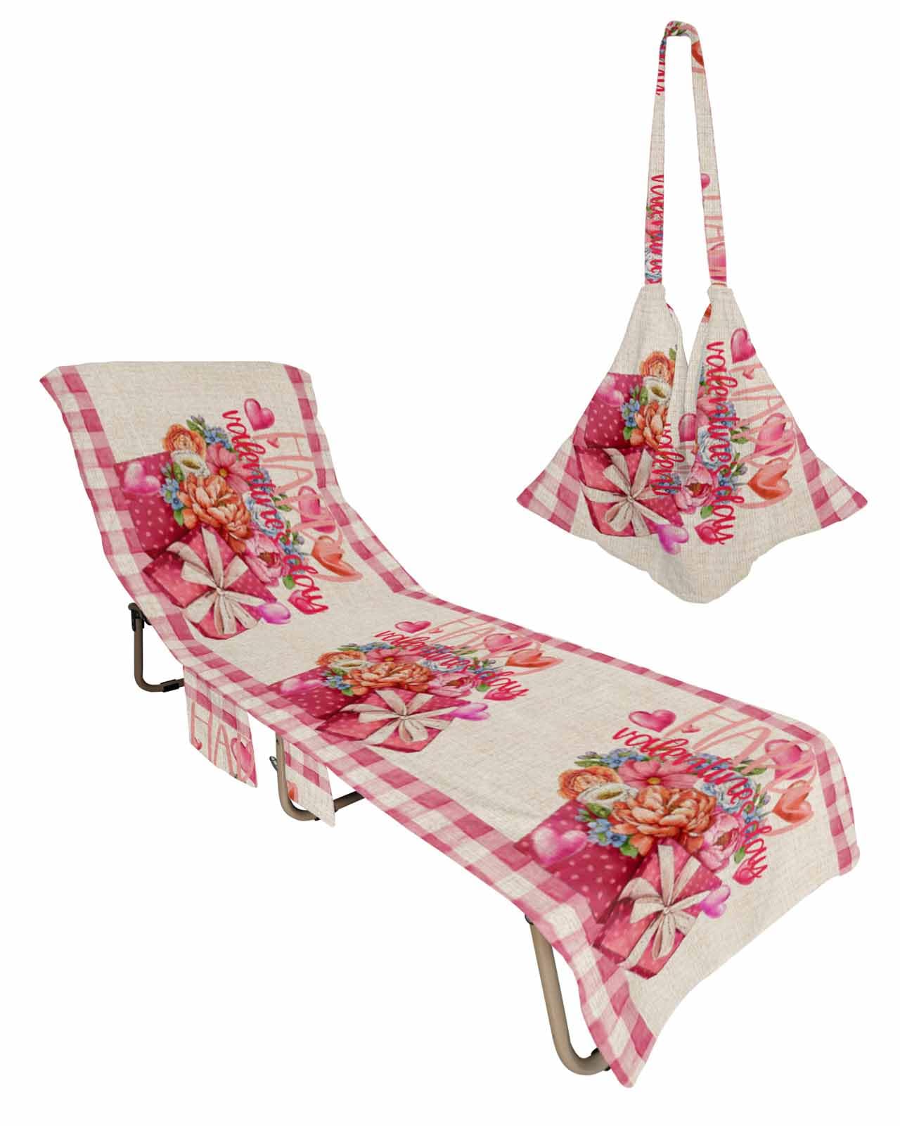 Watercolor Flower Beach Chair Towel Covers for Chaise Lounge with Side Pocket, Soft Plush Pool Towels Cover for Patio Sunbathing Outdoor 29''x85'' Valentine's Day Buffalo Plaid Pink