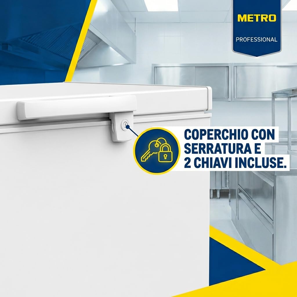 METRO Professional Congelatore a Pozzetto GHF2400, Acciaio/Alluminio, 136.5 x 73.5 x 83.5 cm, 130 W, 1 cestello, Illuminazione a LED, Con serratura, Bianco (400 L)